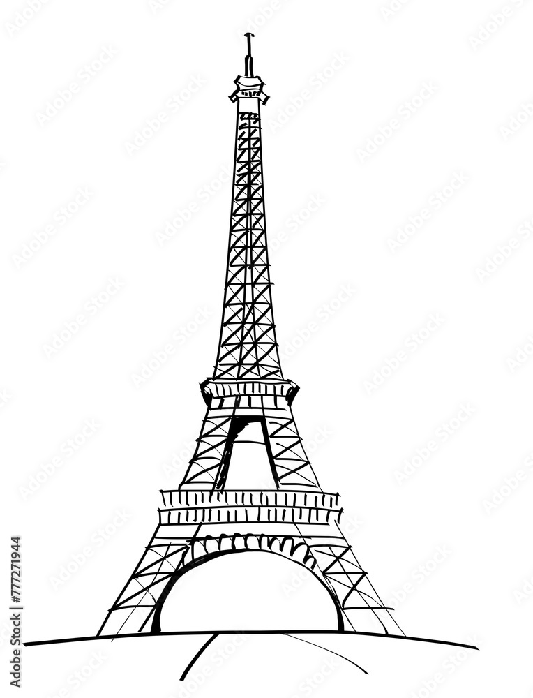 Poster Hand-drawn sketch of the Eiffel Tower isolated on a white background, symbolizing Paris and architecture