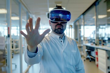 A scientist wearing VR headset is working a laboratory - obrazy, fototapety, plakaty