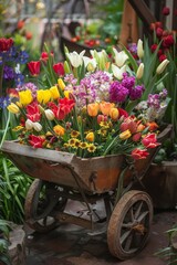 Fototapeta na wymiar A Charming Garden Scene: An Old-Fashioned Wheelbarrow Overflowing with Colorful Spring Blooms