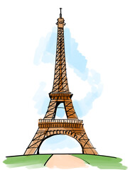 A hand-drawn illustration of the Eiffel Tower on a white background with blue sky and green ground, showcasing a travel concept