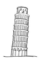 A black and white hand-drawn sketch of the Leaning Tower of Pisa on a white background, reflecting architectural drawing - obrazy, fototapety, plakaty