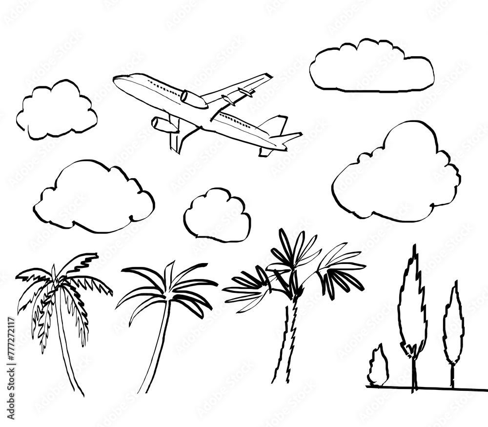 Poster a hand-drawn collection of icons featuring an airplane, clouds, palm trees, and trees on a white bac