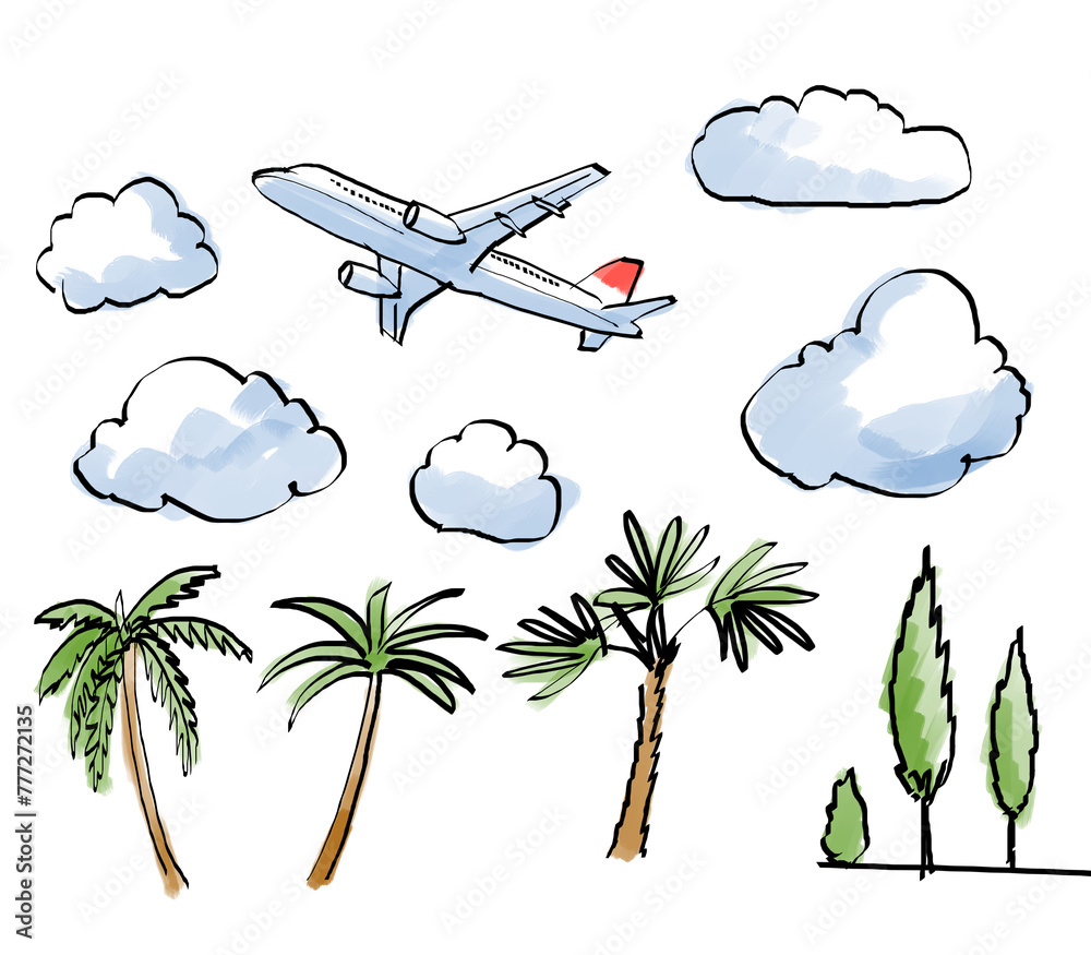 Poster Hand-drawn illustrations of an airplane and various trees with clouds, in a simple sketch style on a white background, depicting travel and nature