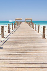 Wooden Pier at Orange Bay Beach coastline of Giftun island, Hurghada, Red Sea, Egypt. - 777272118