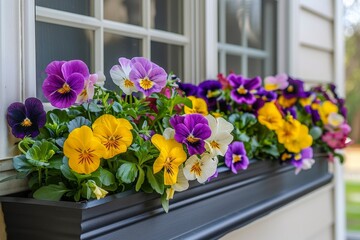 Springtime Splendor: A Picturesque Window Box Adorned with Colorful Pansies and Violas in Full Bloom