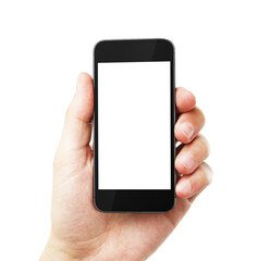 A hand holding a smartphone with a blank white screen, isolated on a white background, concept of technology and communication