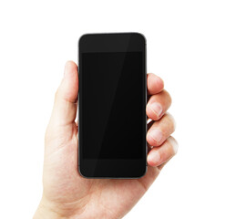 A hand holding a smartphone with a blank black screen, isolated on a white background, suitable for design mockups