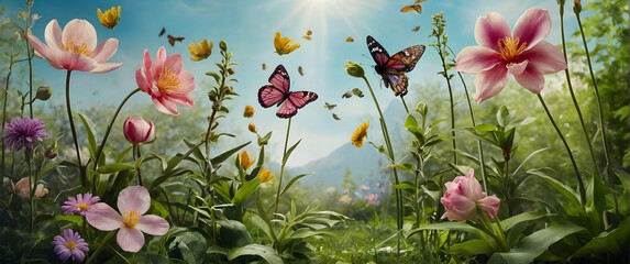 for advertisement and banner as Spring Awakening Illustrate the rebirth of nature with blooming flora. in Global Business  theme ,Full depth of field, high quality ,include copy space on left, No nois - obrazy, fototapety, plakaty