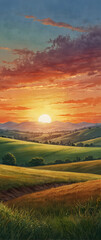 Naklejka na ściany i meble for advertisement and banner as Sunset Vista A sweeping watercolor vista of the sun setting over rolling hills. in watercolor landscape theme theme ,Full depth of field, high quality ,include copy spa