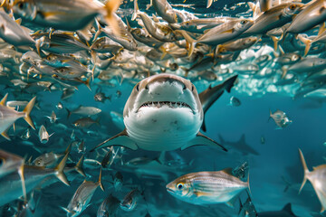  an aggressive shark surrounded by school fish
