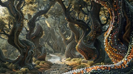 Naklejka premium Metamorphic Forest: A Fusion of Trees and Rocks Transforming into Gem-Encrusted Trunks