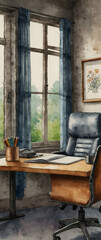for advertisement and banner as Zen Zone A watercolor depiction of an office zen zone for relaxation and focus. in watercolor office room theme ,Full depth of field, high quality ,include copy space o