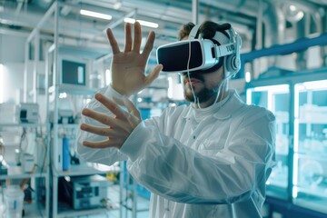 A scientist wearing VR headset is working a laboratory