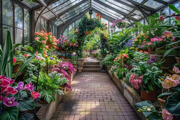 Fototapeta na wymiar Explore the Wonders of Spring: An Educational Walk Through a Conservatory Garden Filled with Exotic Plants and Flowers