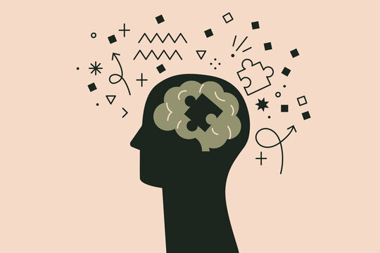 Alzheimer, trauma, autism, memory loss, dementia, epilepsy disease vector illustration with doodles. Human brain lacking a piece of puzzle. Concept of  brain function. Abstract human head profile