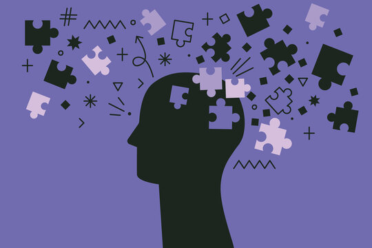 Human head with puzzle pieces and  doodles vector illustration. Human brain lacking a piece of puzzle. Concept of  brain function, memory loss, disorder, dementia. Abstract human head profile