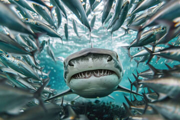  an aggressive shark surrounded by school fish