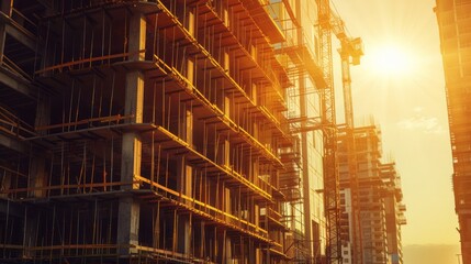 Urban Construction A city building under construction illuminated by sunset, adorned with scaffolding, embodying the architecture and progress of urban development. Tall office building .