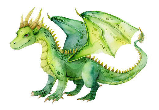 Cute green dragon, watercolor cartoon fairy illustration isolated