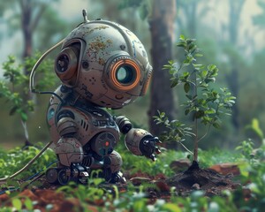 A Robot Companion: Nurturing Young Trees in a Magical Garden Oasis