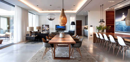 A Fanoos hanging above a sleek dining table in a modern apartment.