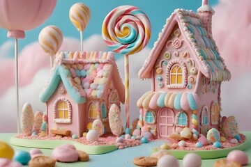 Whimsical gingerbread candy houses in a pastel colored, dreamy landscape. Perfect for children’s themes or fantasy concepts. generative ai