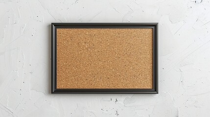 Rectangular corkboard with ebonby frame on textured white wall for picture mockups or lettering