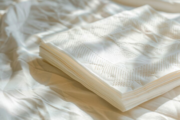 Fototapeta na wymiar Blank white square folded napkin mock up, isolated. Empty tissue doily mockup.