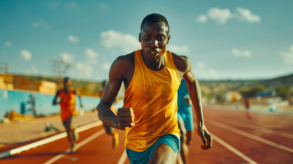 Portrait of a african man running on a race track.