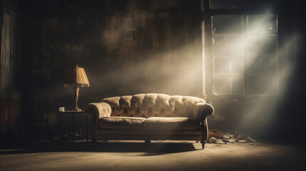 abandoned old room with dusty sofa and lamp
