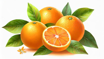fresh orange fruits with leaves as background, top view.