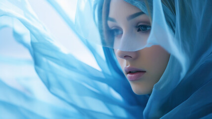 portrait of beautiful woman with blue veil - 777276164