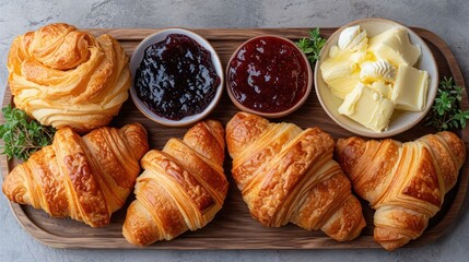 breakfast platter, showcasing the intricate textures of croissants, butter, and jam