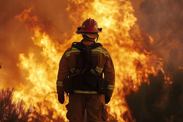 Naklejka premium Firefighter Confronts Raging Wildfire Amidst Blazing Inferno at Dusk