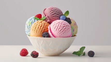 colorful ice cream scoops adorns a pristine bowl