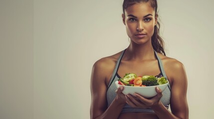 Portrait of woman hold salad bowl and look at camera. sport girl in sportswear enjoy eat clean vegetables after exercise. Diet and Healthy food concept