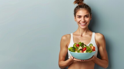 fitness girl with a bowl of vegetable salad on minimal background