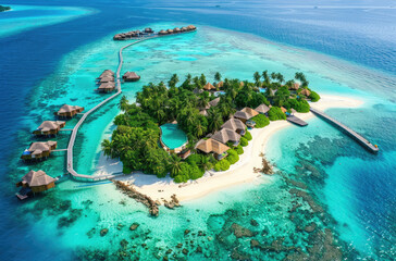 An aerial view of an island in the Maldives with overwater bainment and cabanas, and clear blue waters around it, a dock leads to one main house on top of sand bar - obrazy, fototapety, plakaty