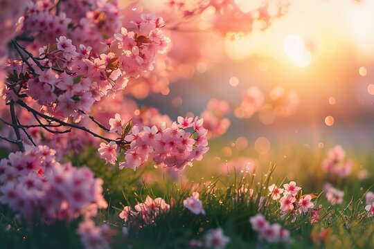 Pink cherry tree blossom flowers blooming in a green grass meadow on a spring  sunrise  natural background