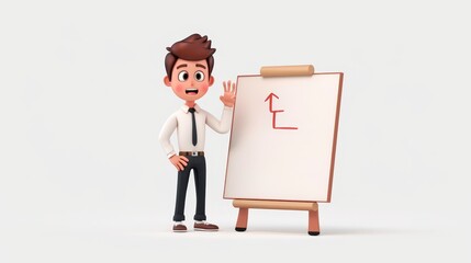 A man cartoon character stands next to a presentation board. Blank mockup for a business presentation. Concept illustration of a conference speaker.