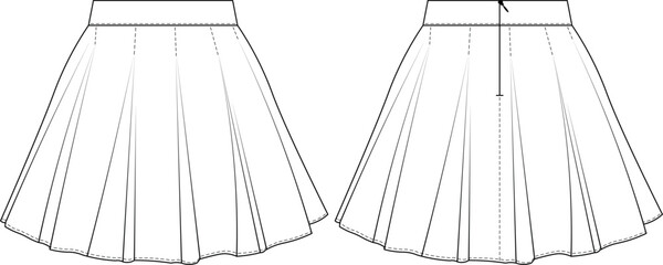 zippered flared mini short denim jean skirt template technical drawing flat sketch cad mockup fashion woman design style model
