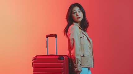 Young asian tourist woman posing with luggage for travel-related publications and advertisements