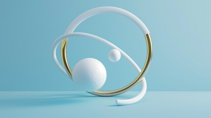 This is a 3D render of abstract surreal contemporary art. The golden ring, ball, white dancing legs are isolated on a blue background.
