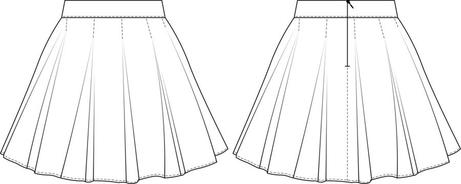 zippered flared mini short denim jean skirt template technical drawing flat sketch cad mockup fashion woman design style model

