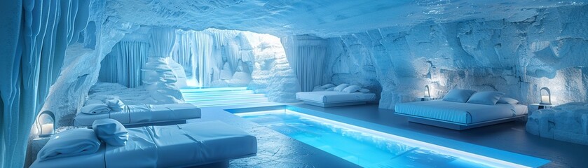 Ice cave hotel room, shimmering walls, soft blue light, closeup , clip art, 8K , high-resolution, ultra HD,up32K HD