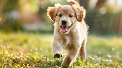 A happy puppy with a funny mouth expression runs on the spring grass