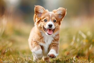 A happy puppy with a funny mouth expression runs on the spring grass