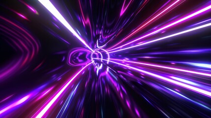 A 3D render of an abstract cosmic background, neon rays, speed of light glowing lines, and a space and time concept.