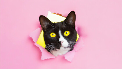 Funny black cat looks through ripped hole in pink paper backgroud. Peekaboo