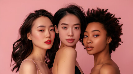 portrait of three young women on the pink background